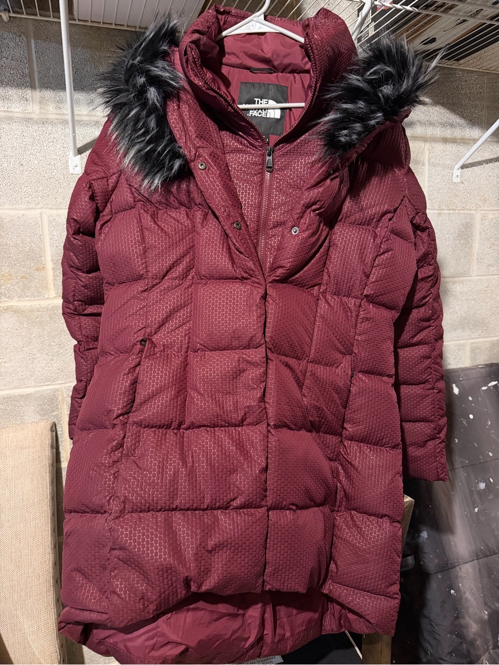 The North Face Women's Burgundy Puffer Coat with Faux Fur Hood